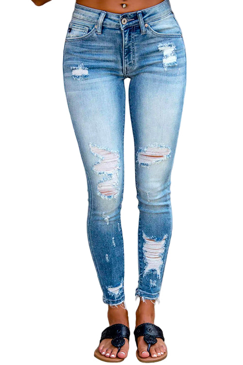 Kvinnors stretchiga högmidjade pencil jeans med rå fåll i blå denim, bekväm och modern vardagsstil.