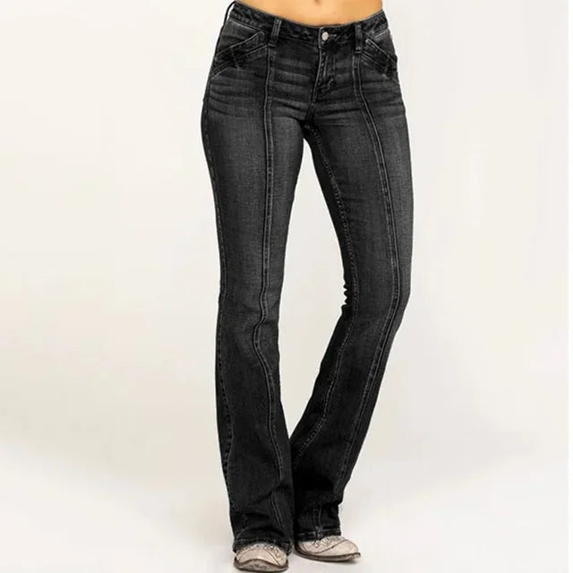 Blå utsvängda retro stretchjeans för kvinnor, detalj av hög midja och ficka