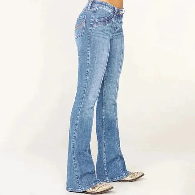 Kvinnors utsvängda svarta jeans med retro design och stretch för vardagsbruk