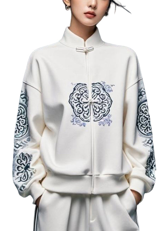 Kvinnors sweatshirt med stativkrage, vitt tryck. Komfortabelt höstmode för en avslappnad stil.