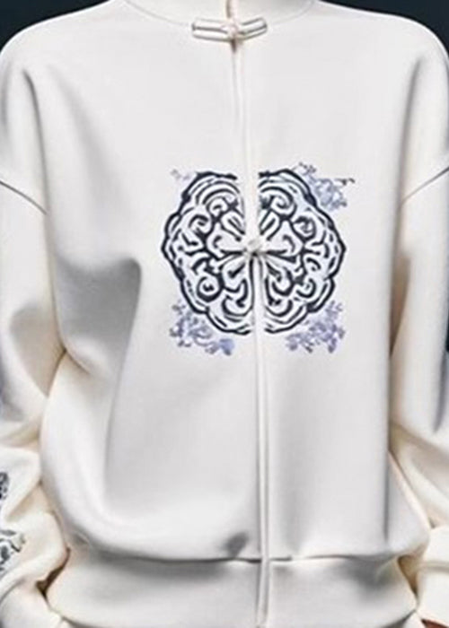 Kvinnors sweatshirt med stativkrage och distinkt vitt tryck. Mångsidig och komfortabel för hösten.