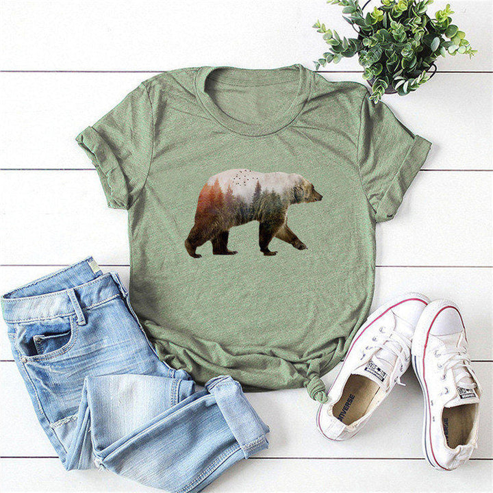 Kvinnors t-shirt med sött björntryck, perfekt för en chic och bekväm vardagslook.