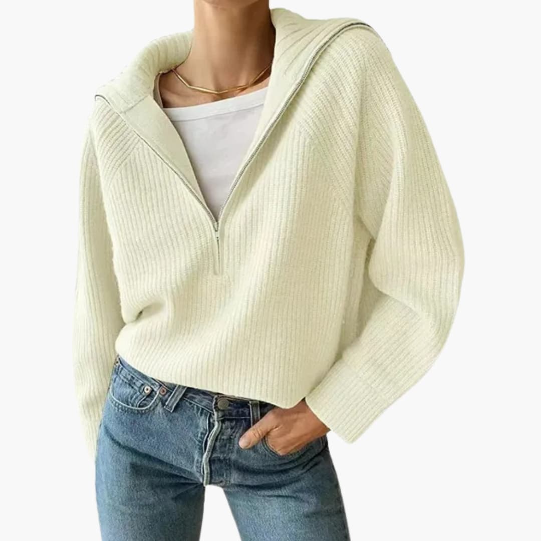 Kvinnors vardagströja med elegant stativkrage och justerbar halv blixtlås, ett mångsidigt plagg.