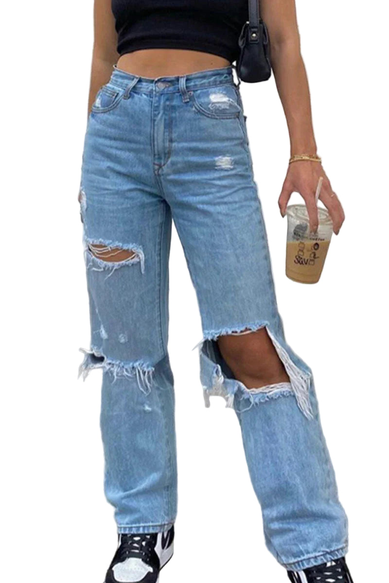 Kvinnors trendiga blåa jeans med hög midja, perfekt för vårmode och en bekväm casual sommarstil.