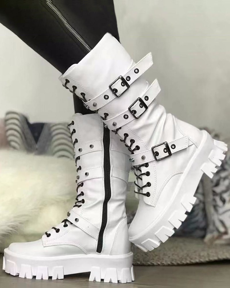 Kvinnors trendiga stövlar med dragkedja & dekorativa spännen. Snygga svarta stövlar för fritid & mode.