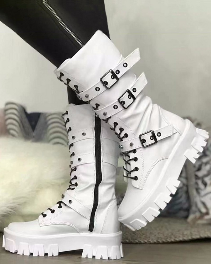 Kvinnors trendiga stövlar med dragkedja & dekorativa spännen. Snygga svarta stövlar för fritid & mode.