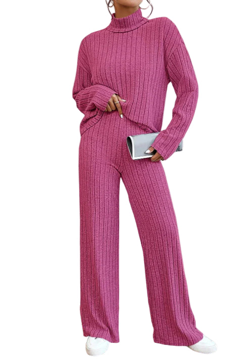 Kvinnors trendiga tvådelade set med rollkragenpullover och bekväma byxor, perfekt för hösten.