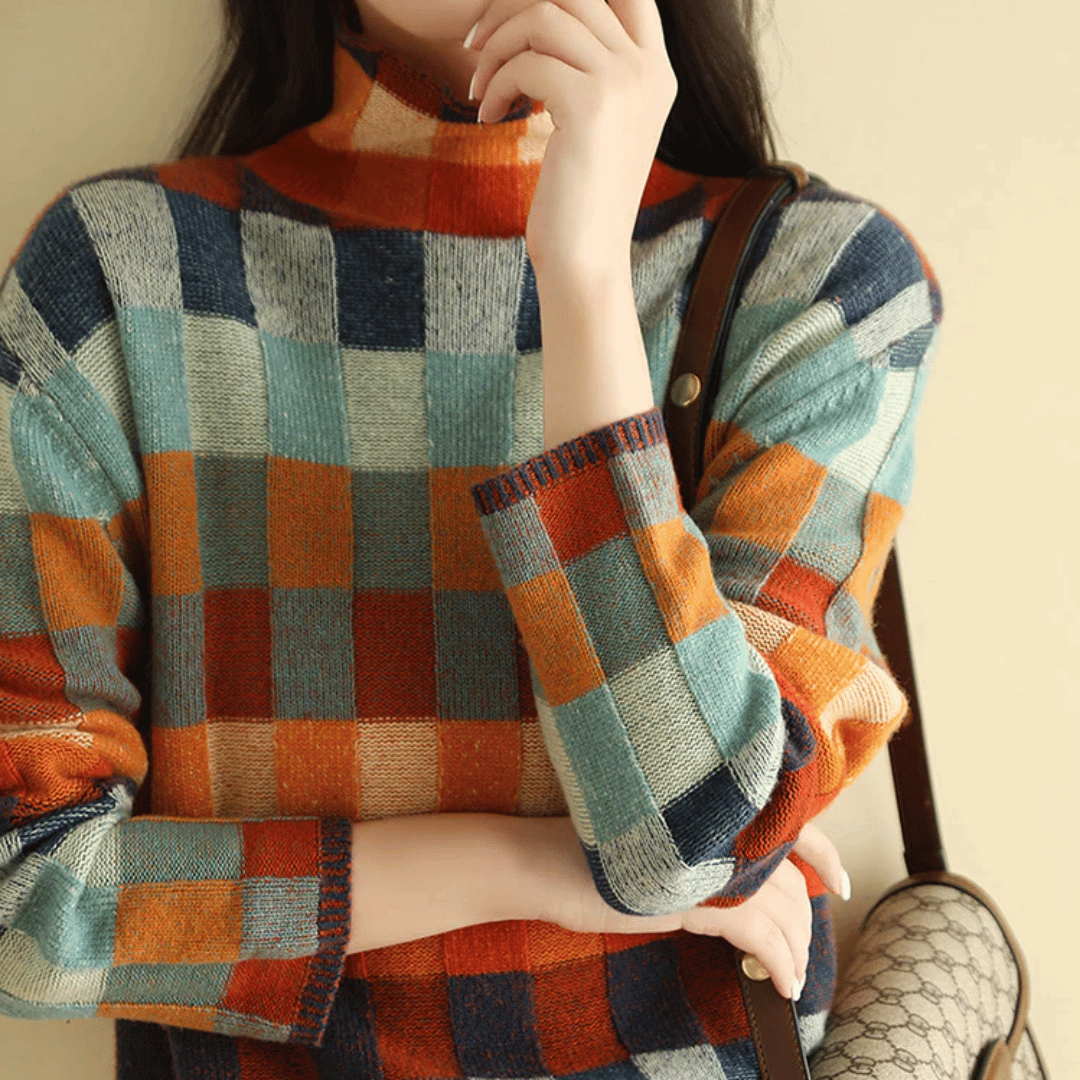 Kvinnors bekväma turtleneck tröja med patchwork, idealisk för lager-på-lager. Vintertröja med hög krage.