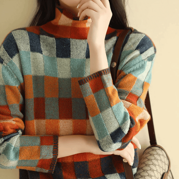 Kvinnors bekväma turtleneck tröja med patchwork, idealisk för lager-på-lager. Vintertröja med hög krage.