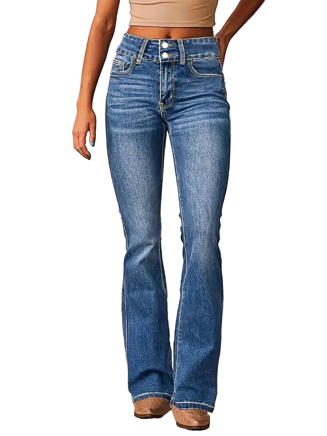 Kvinnors utsvängda jeans med hög midja i mörk tvätt, stretchmaterial för bekväm, smickrande passform.