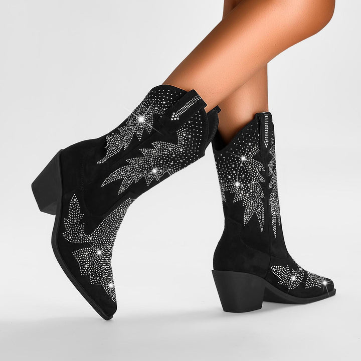 Västerländska stövlar för damer, strass & blockhäl. Dessa eleganta stövlar passar som fest- eller höstskor.