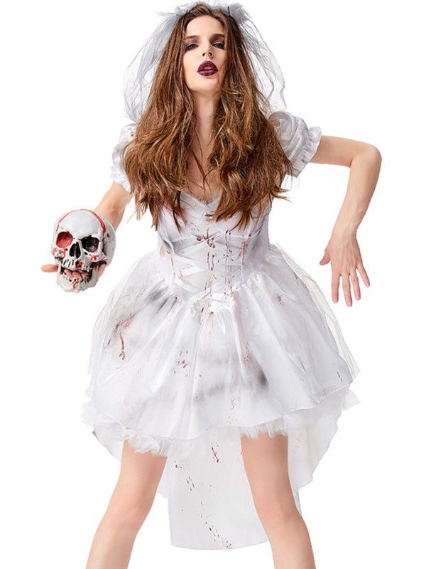 Spöklik kvinnlig vampyrbrudskostym med minikjol och blodstänk för Halloween och temafest.