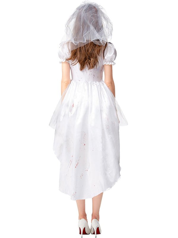 Detaljerad mini vampyrbrudskostym för kvinnor, med realistiska blodfläckar för en skräckinjagande look.
