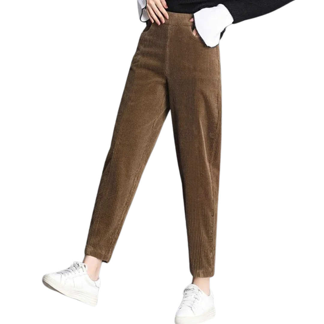 Kvinnors varma manchesterbyxor med hög midja i beige, bekväma för vinter och höst.