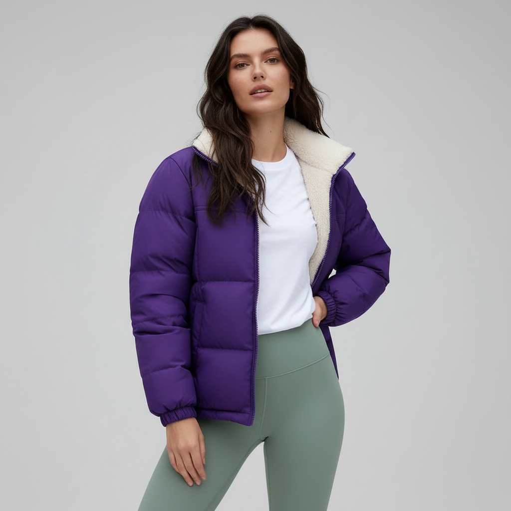 En kvinnlig modell poserar i en modern, oversized quiltad vinterjacka. Varm och stilren damjacka.