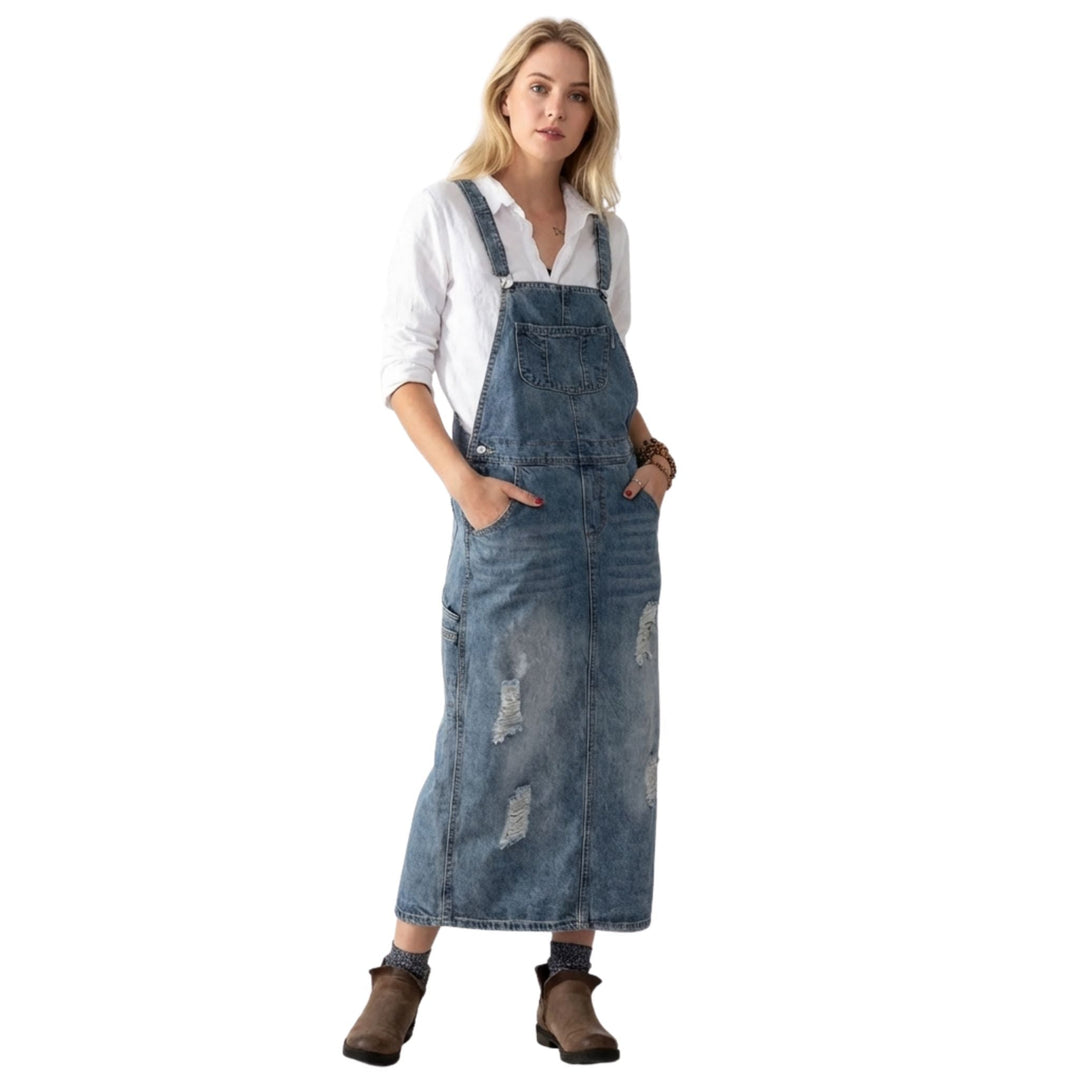 Kvinnors vintage denim latzklänning med justerbara band & fickor, retro avslappnad stil.