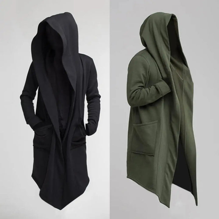 Mystisk och elegant damcardigan med långa ärmar och dramatisk huva, utstrålar unik kvinnlig stil.