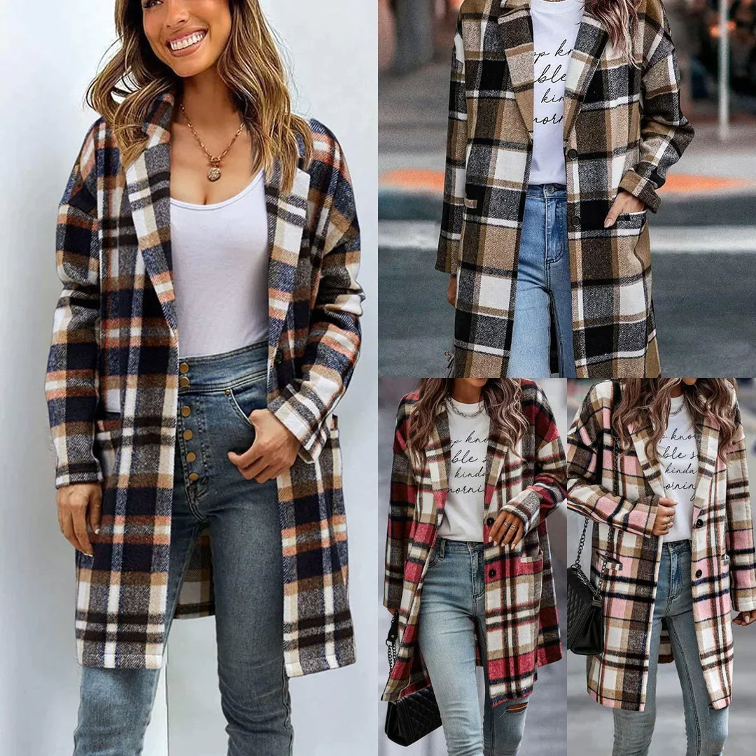 Trendig karomönstrad damrock, lång modell som kombinerar elegans med bekväm vardagsstil.