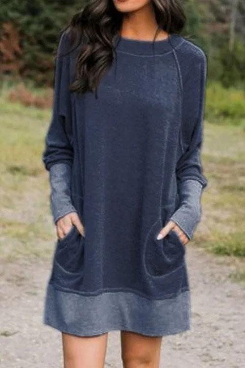 Bekväm vardagsklänning för kvinnor med fickor och långa ärmar. Ledig passform, perfekt för dammode.