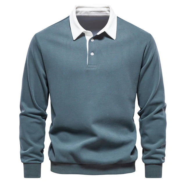 Mäns långärmad poloshirt med klassisk krage. Bekväma vardagskläder i elegant stil.