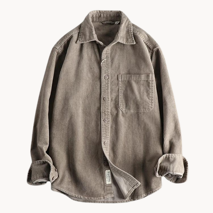 Detalj: Krage på orange långärmad herrskjorta. Casual fritidsskjorta för modern vardagslook.