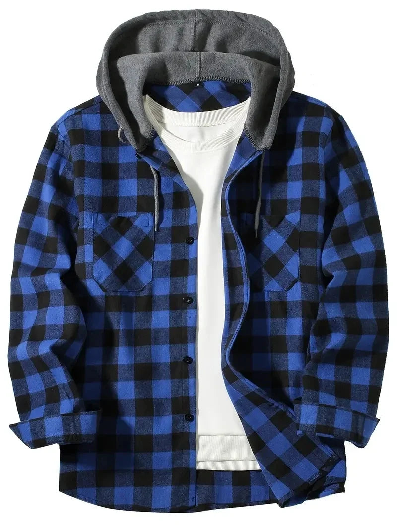 Långärmad herrskjorta slim fit med rutigt mönster och huva, perfekt för en avslappnad stil.