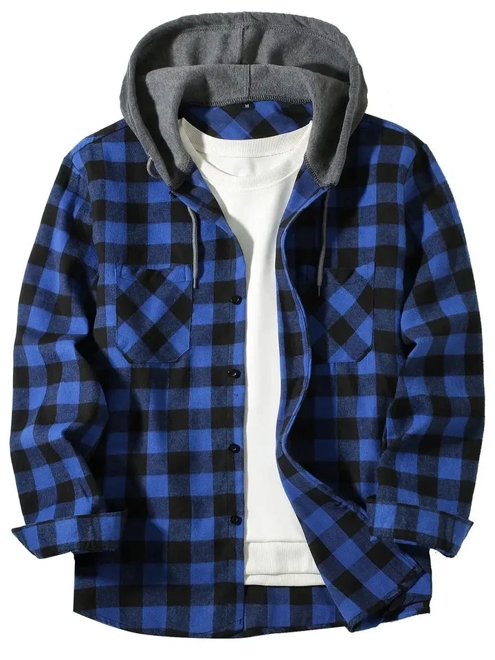 Långärmad herrskjorta slim fit med rutigt mönster och huva, perfekt för en avslappnad stil.