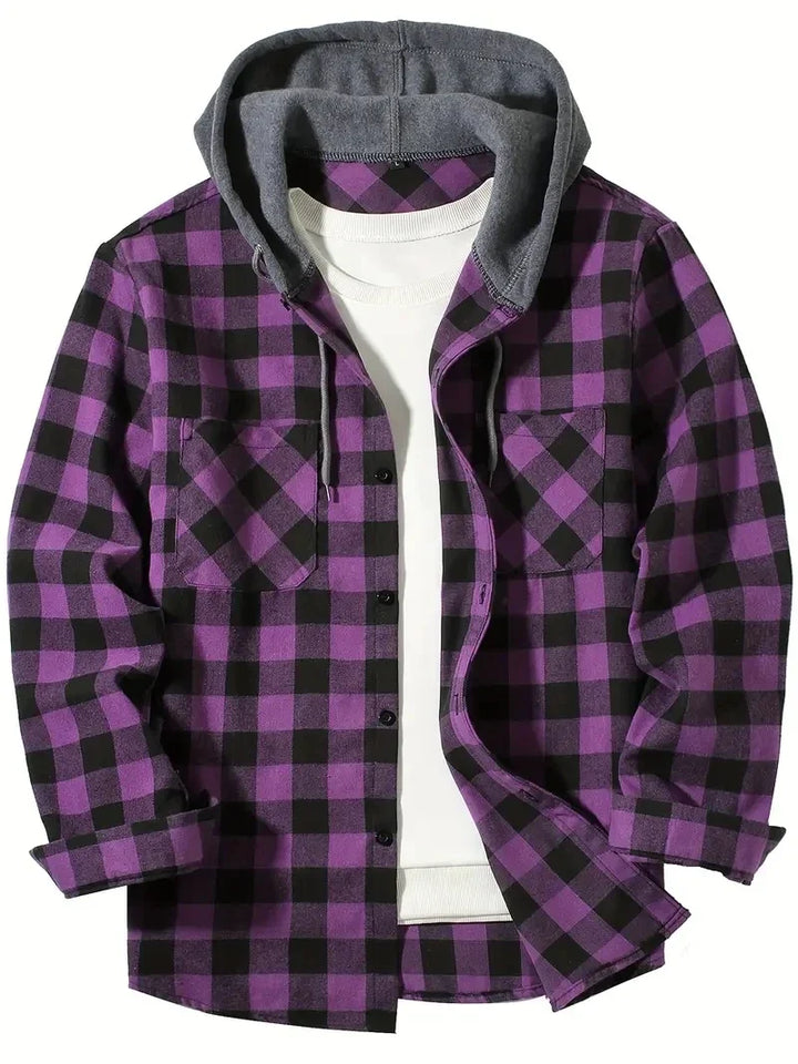 Figurnära rutig herrskjorta med huva, slim fit design för en snygg och modern casual outfit.