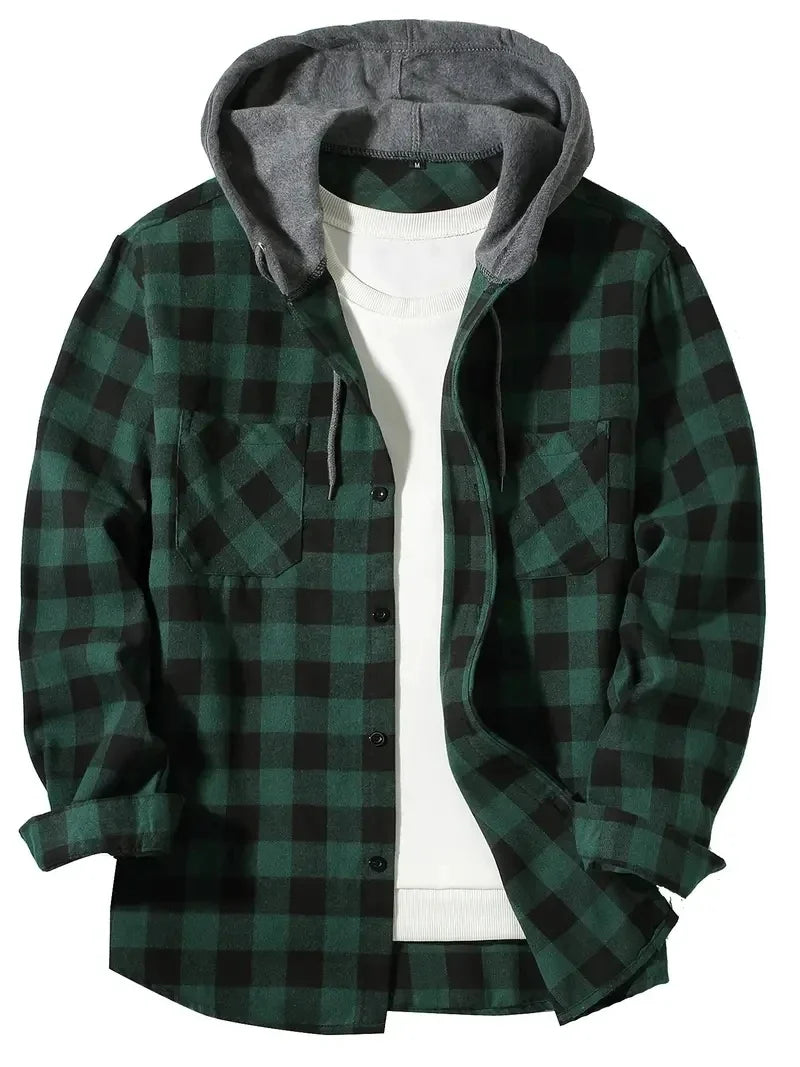 Stilren rutig herrskjorta med huva i slim fit, långärmad design för den moderna mannen. Casual mode.