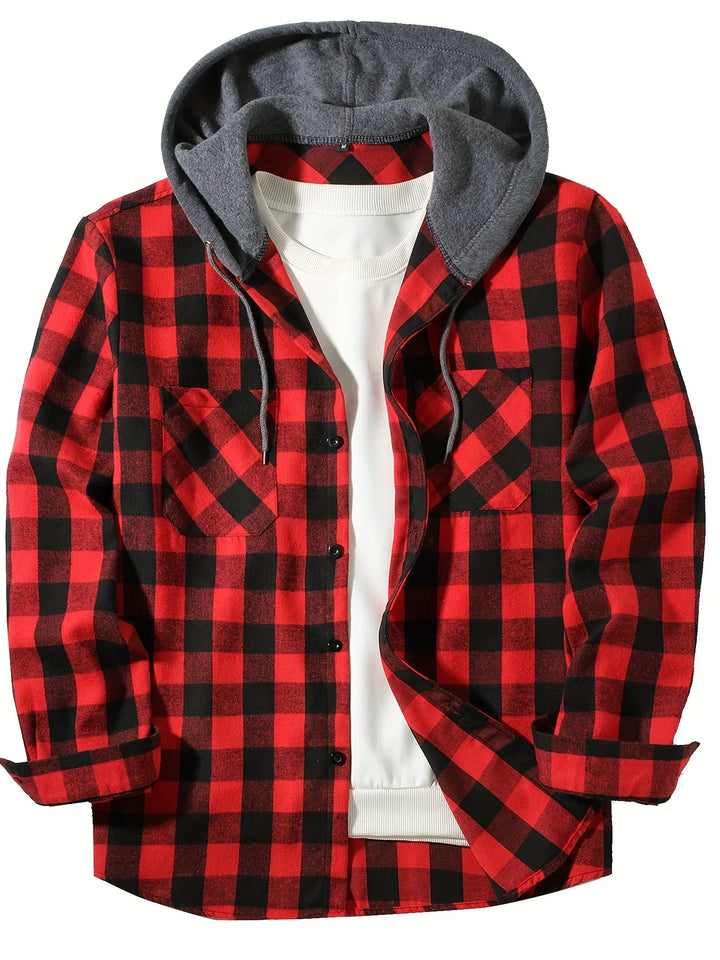 Bekväm långärmad herrskjorta slim fit med rutigt mönster och huva, perfekt som avslappnad vår- och höstskjorta.