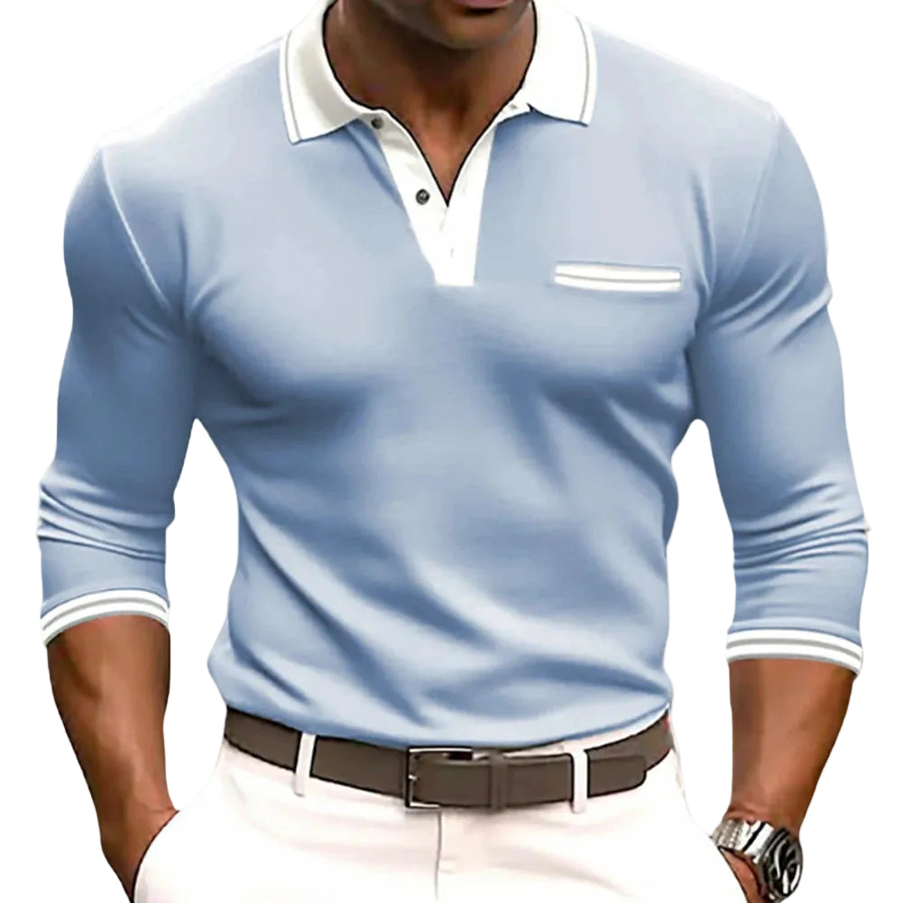 Långärmad herrtröja med kontrastdetaljer och stilren skjortkrage, perfekt för business casual eller golf.