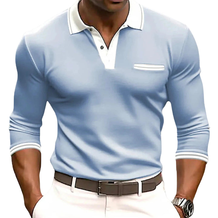Långärmad herrtröja med kontrastdetaljer och stilren skjortkrage, perfekt för business casual eller golf.