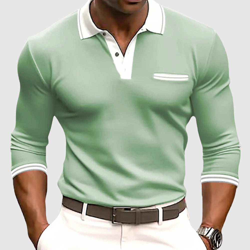 Stilren herrtröja med långa ärmar, kontrastdetaljer, idealisk för business casual, golf eller en elegant vardag.