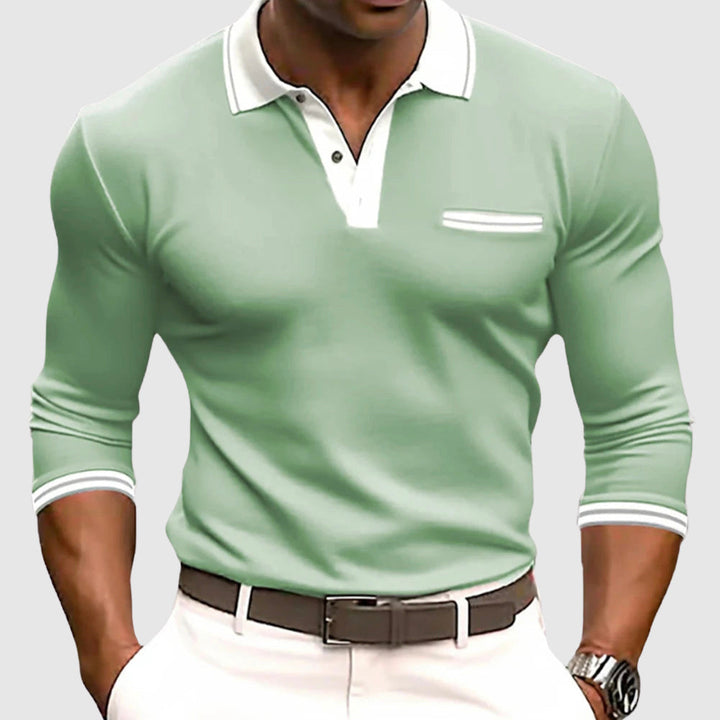 Stilren herrtröja med långa ärmar, kontrastdetaljer, idealisk för business casual, golf eller en elegant vardag.