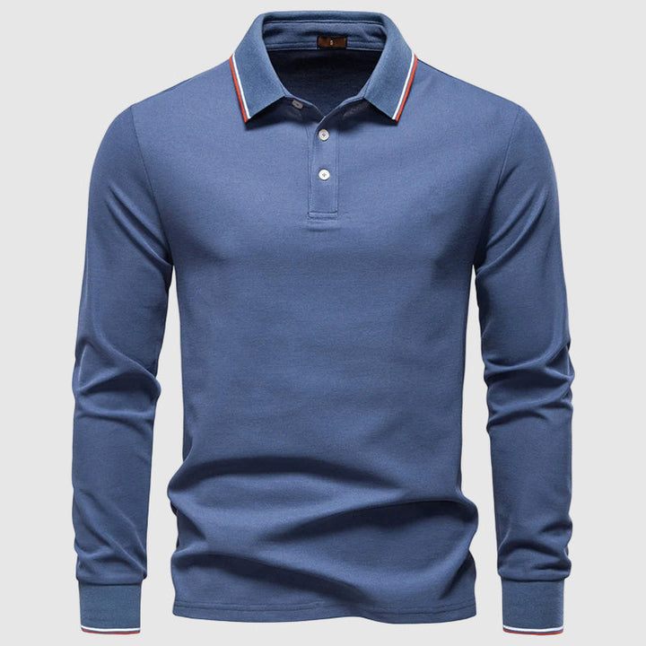 Elegant mörkblå långärmad pikétröja för män, slim fit, stilren och tidlös design.