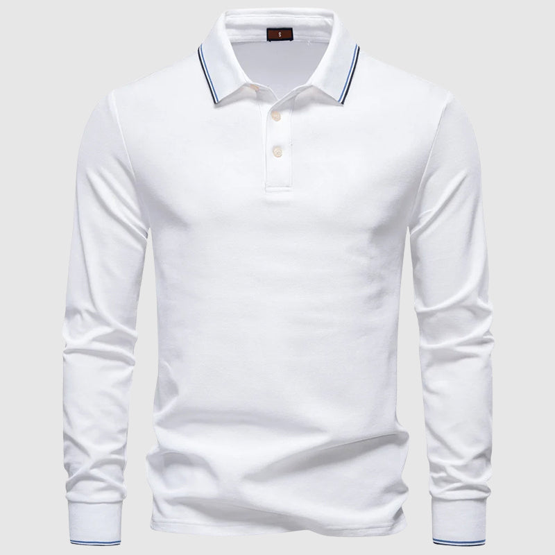 Ljusblå herr pikétröja, långärmad och slim fit, perfekt för vår och höst. Klassisk stil.