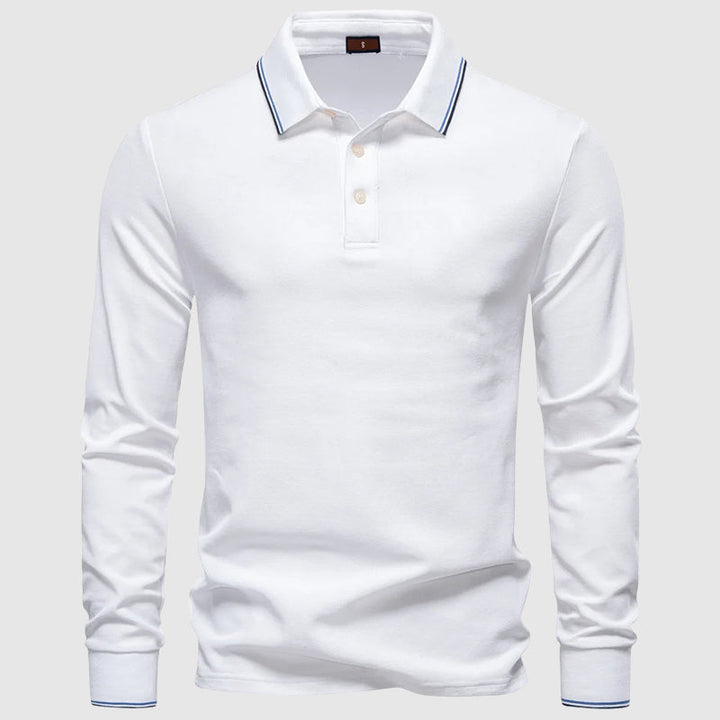 Ljusblå herr pikétröja, långärmad och slim fit, perfekt för vår och höst. Klassisk stil.