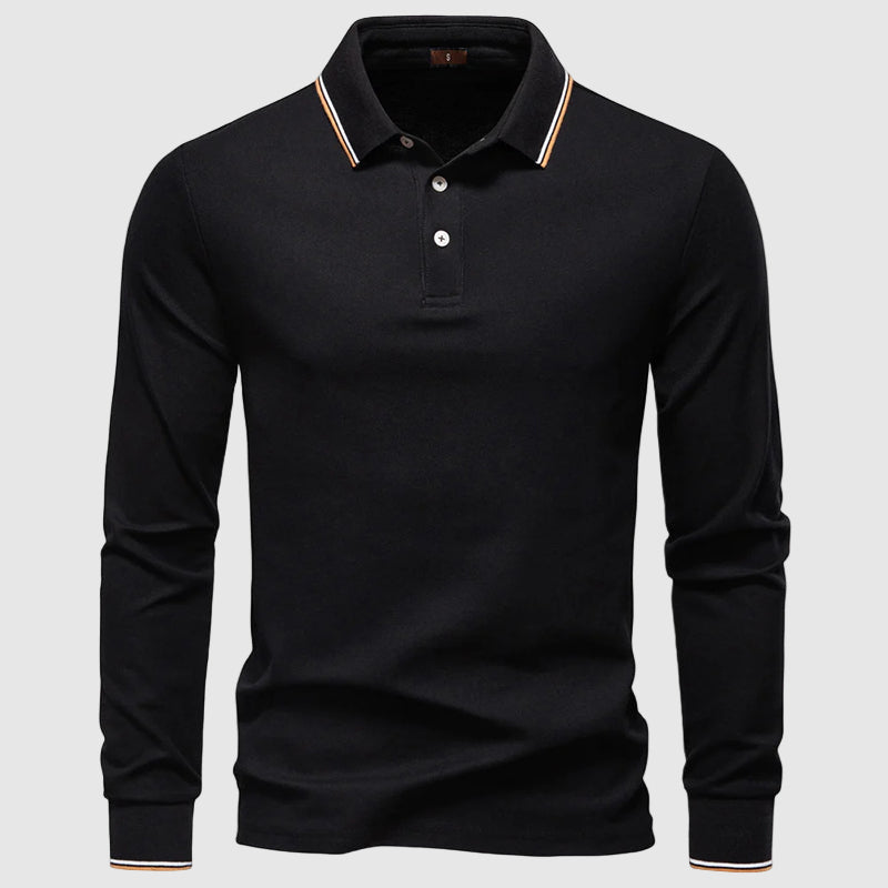 Svart slim fit pikétröja med lång ärm för män, mångsidig för vardag och fest. Elegant.
