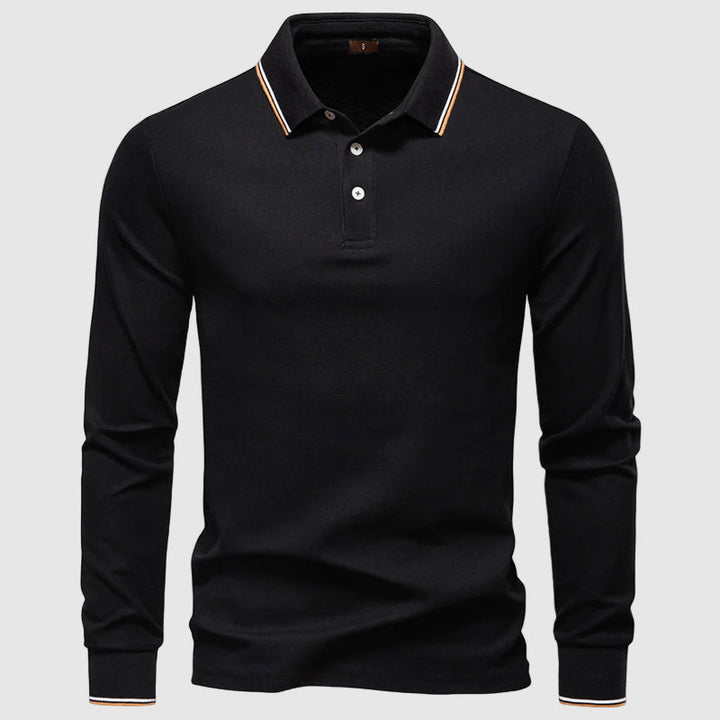 Svart slim fit pikétröja med lång ärm för män, mångsidig för vardag och fest. Elegant.