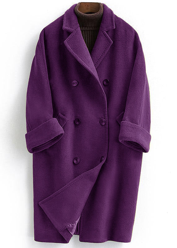 Lila plus size modejacka, lång och elegant dubbelknäppt. Varm höst/vinter kvinnojacka.
