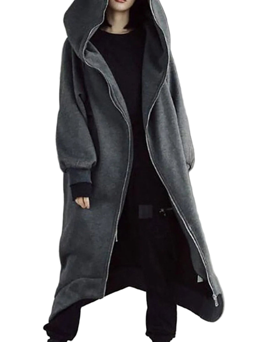 Lång urban damkappa med huva, perfekt för vinter och stilren mode.