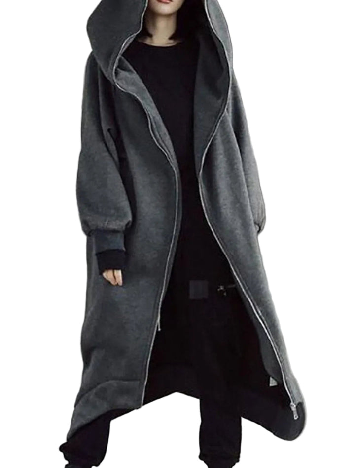 Lång urban damkappa med huva, perfekt för vinter och stilren mode.