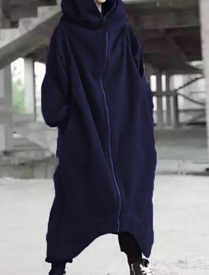 Chic lång dam vinterkappa, varmt och stilrent ytterplagg med huva för urban mode.