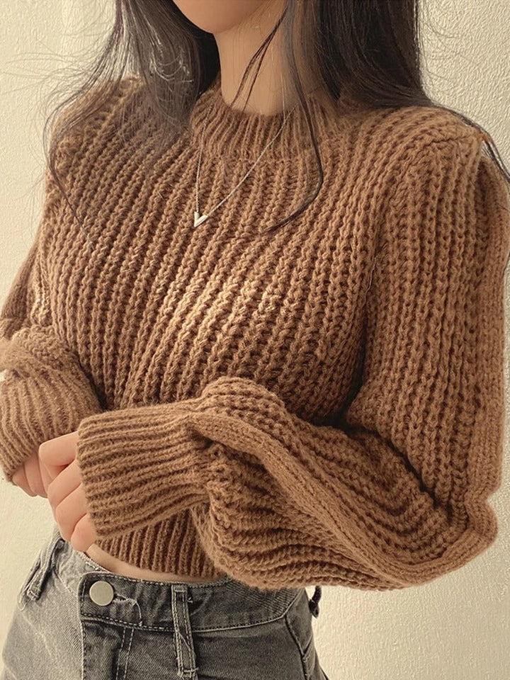 Damtröja i lös, stickad design med eleganta lyktärmar. Rundhalsad, långärmad för mysigt och bekvämt höstmode.