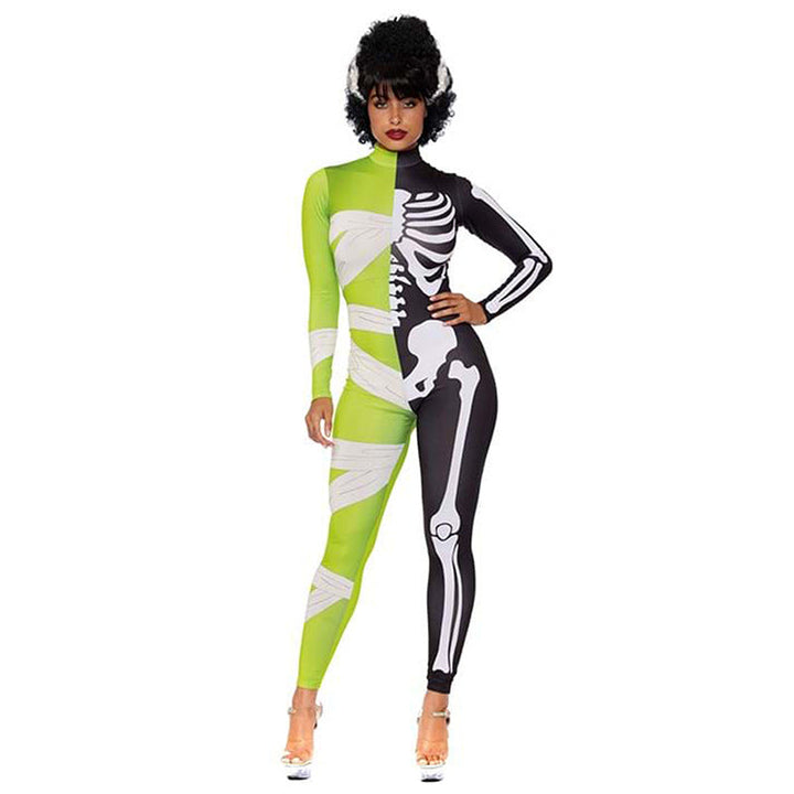 Läskig herr Halloweenkostym: Asymmetrisk design med mumie- och skelettdetaljer för temafest & utklädnad.