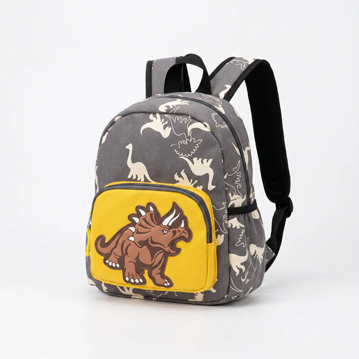 Lekfull dinosaurie ryggsäck för barn med gröna fjäll. Perfekt som förskoleryggsäck eller utflyktsväska.