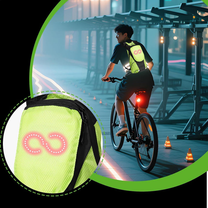 Stilren LED-ryggsäck för motorcykel. Modern design möter avancerad synlighet och säkerhet på vägen.