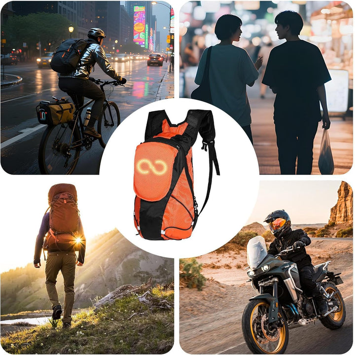 Unisex LED-ryggsäck, vattentät och synlig. Idealisk för motorcykelpendling, cykling & festivaler.