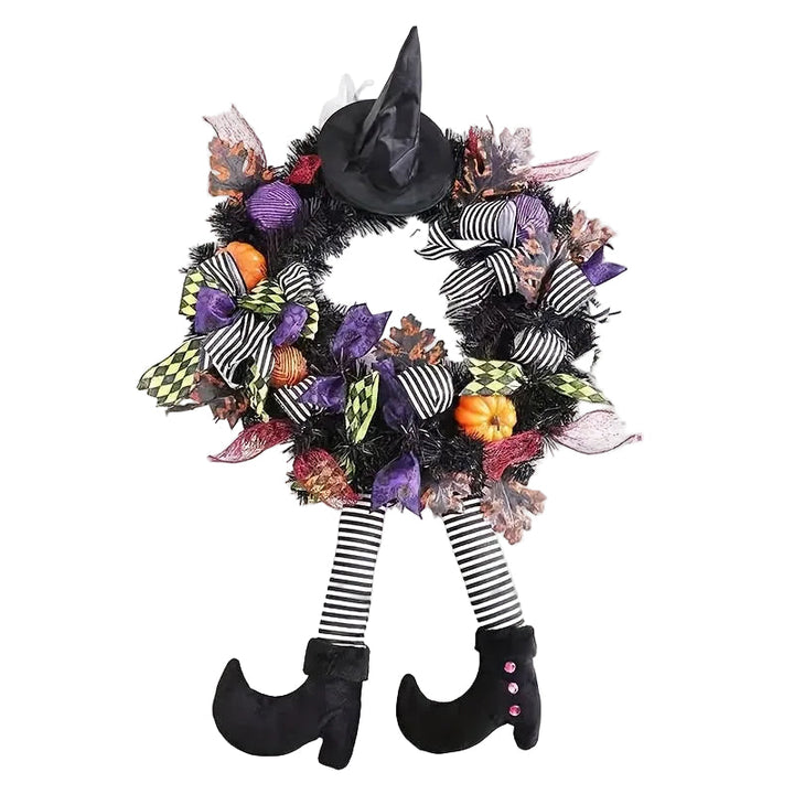 Lekfull häxbens dörrkrans för Halloween, med lila och svarta ben, en unik festdekoration.