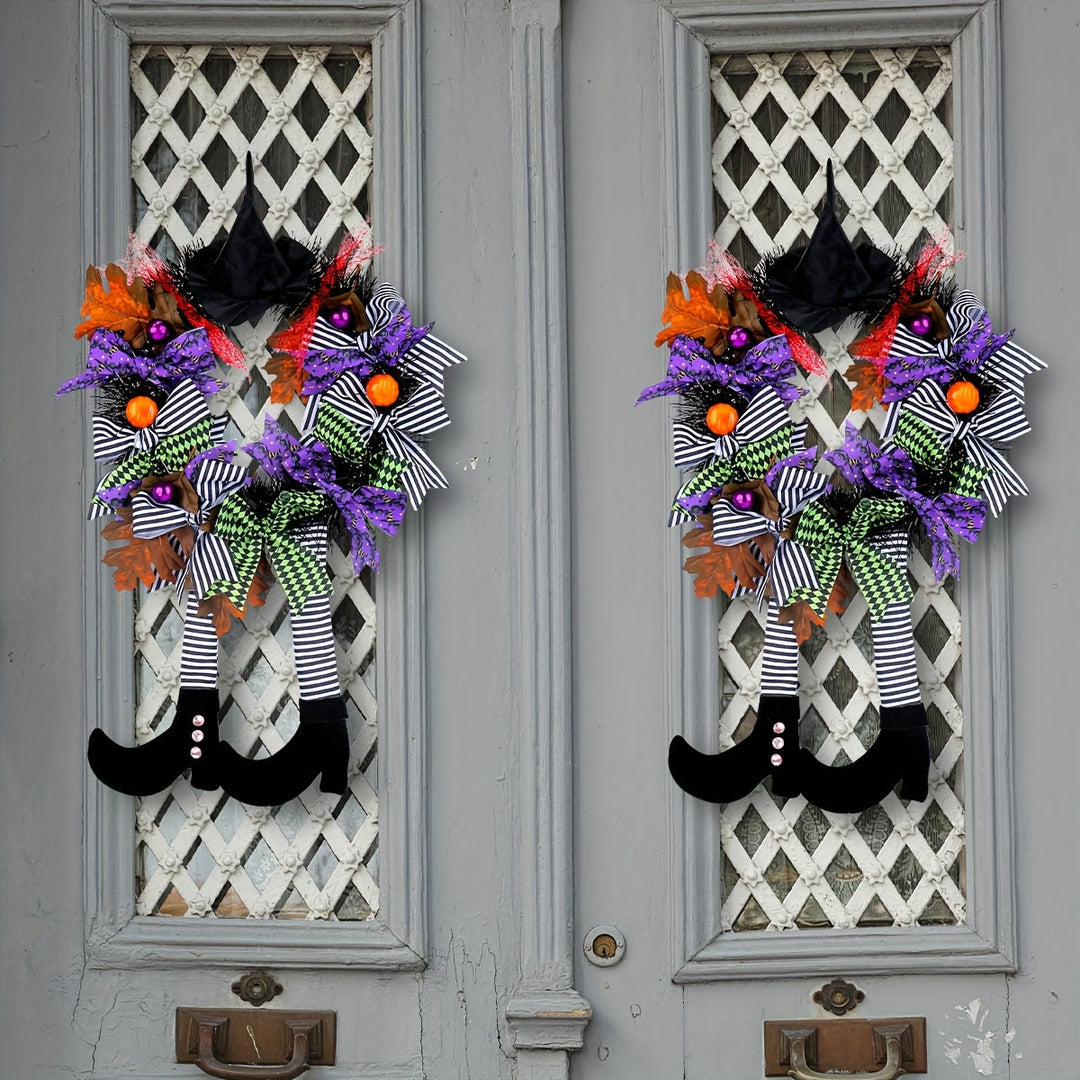 Unik Halloween-krans med häxben som skapar en spöklik och inbjudande atmosfär vid entrén.
